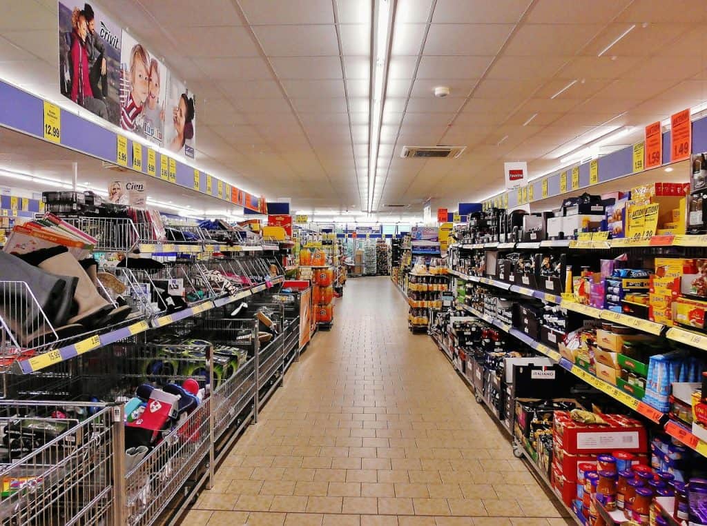 Supermarket aisle with packaged goods