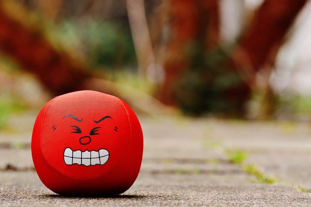 A ball with an angry face on it. 
