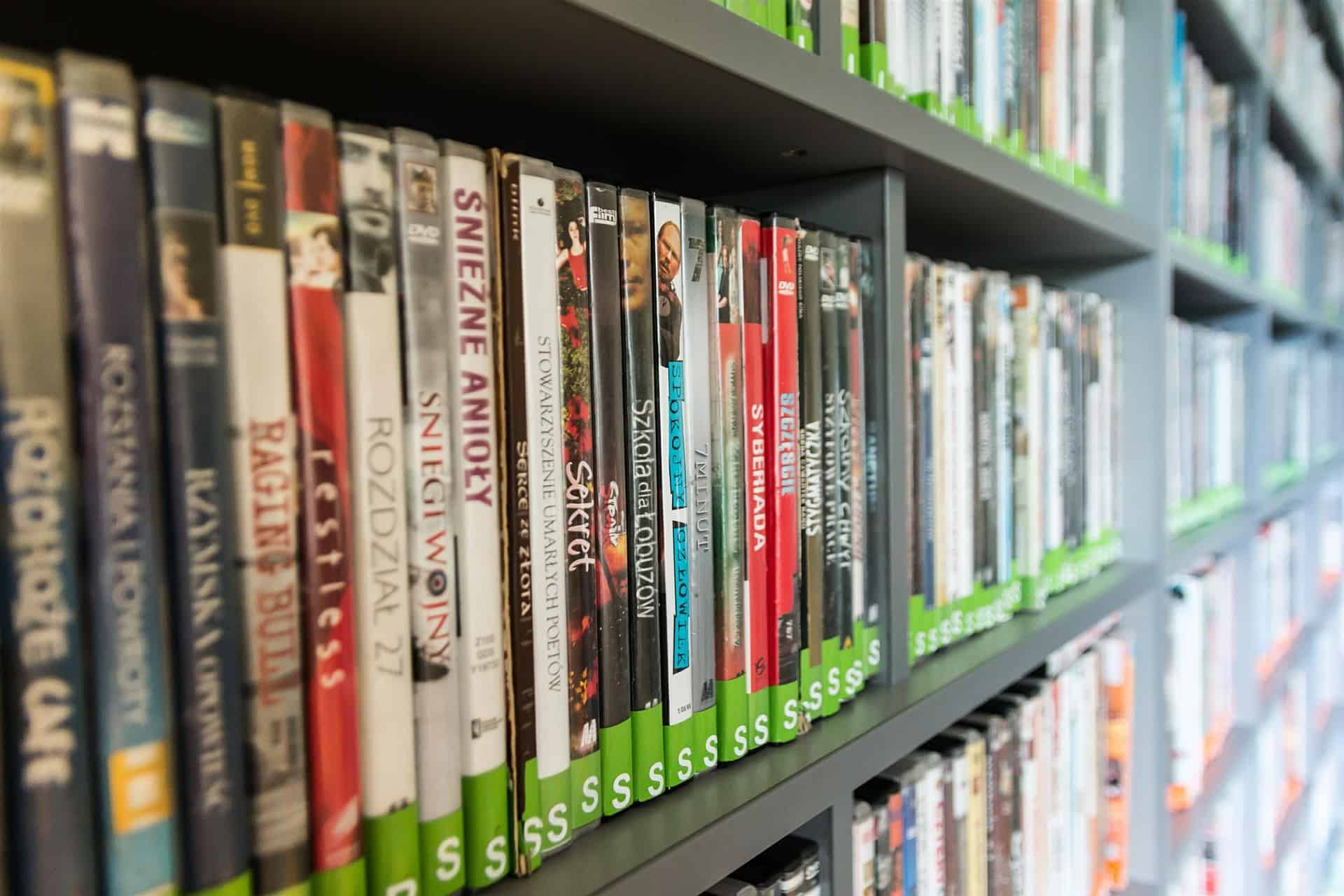Film library on shelves with S