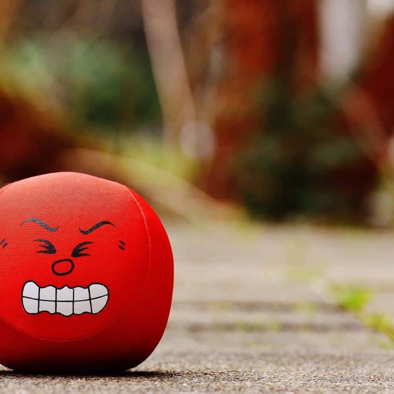 A ball with an angry face on it.